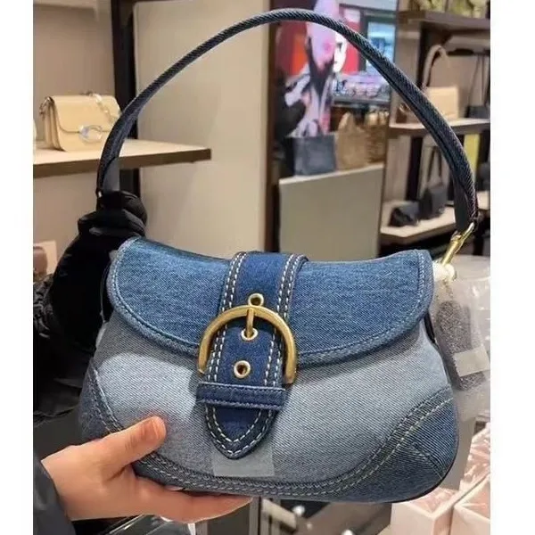 

Cowboy armpit bag, women's new high-end French splicing canvas pea bag, single shoulder French stick bag