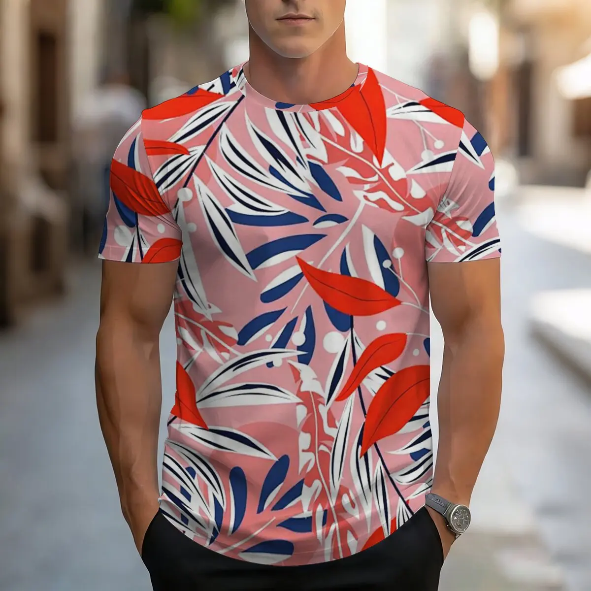 Trendiges, lässiges Sport-T-Shirt für Herren, Sommer-Printmuster, bequeme kurze Ärmel, normaler Rundhalsausschnitt, Outdoor-Oberteil