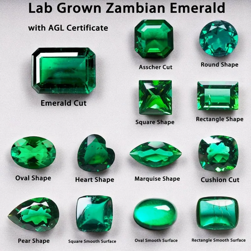 

Lab Grown Zambian Emeralds Hydrothermal Hand Cutting Multiple shapes with Cracks Inclusions Inside with AGL Certificate