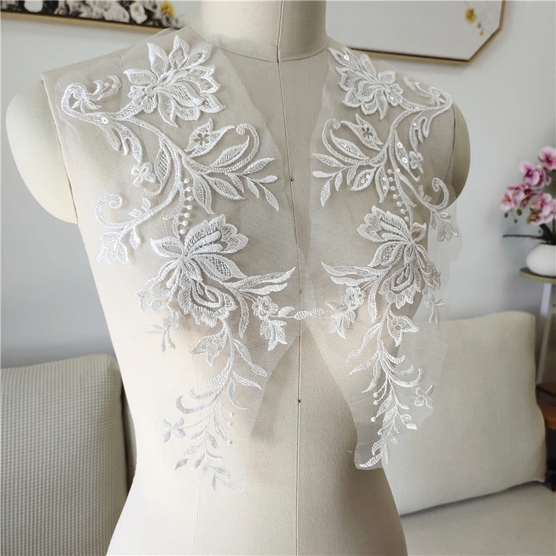 Flower Embroidery Sticker for DIY Decoration, Lace Cloth Applique, Off White, Skirt, Hem, Handmade, 15x37cm, 1 Pairs