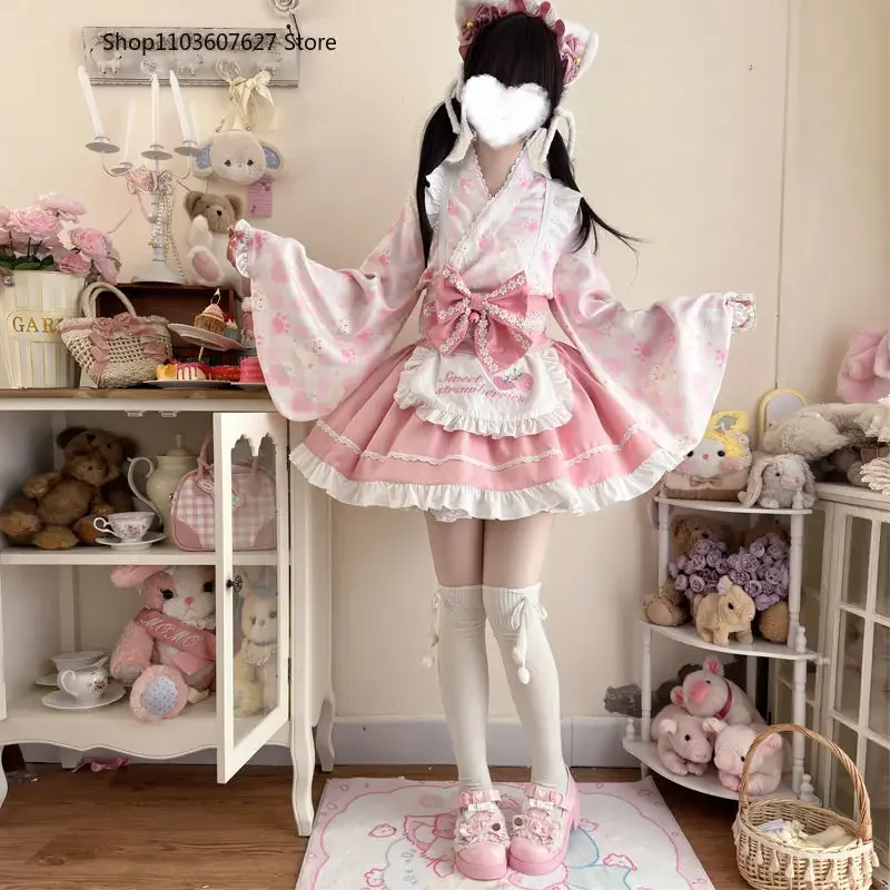 

Japanese Sweet Lolita Kimono Dress Women Kawaii Strawberry Cat Print Bow Apron Maid Cosplay Costumes Girls Animation Show Dress