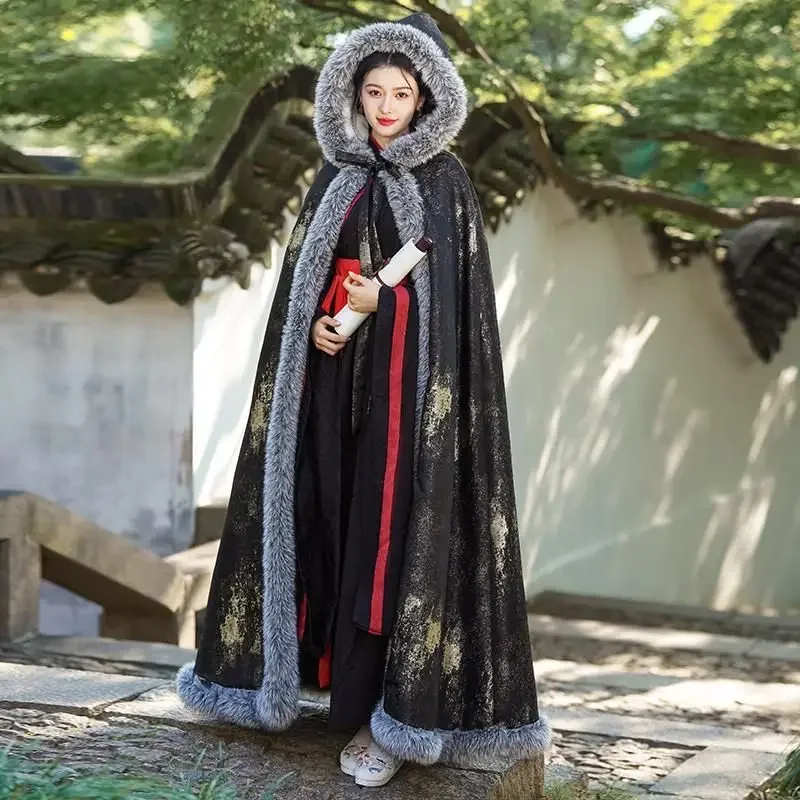 

Long Imposing Men's Women's Same Coat Taking Photos Hanfu Cape with Fleece Thickened Winter Chinese-style Ancient Costume Cape