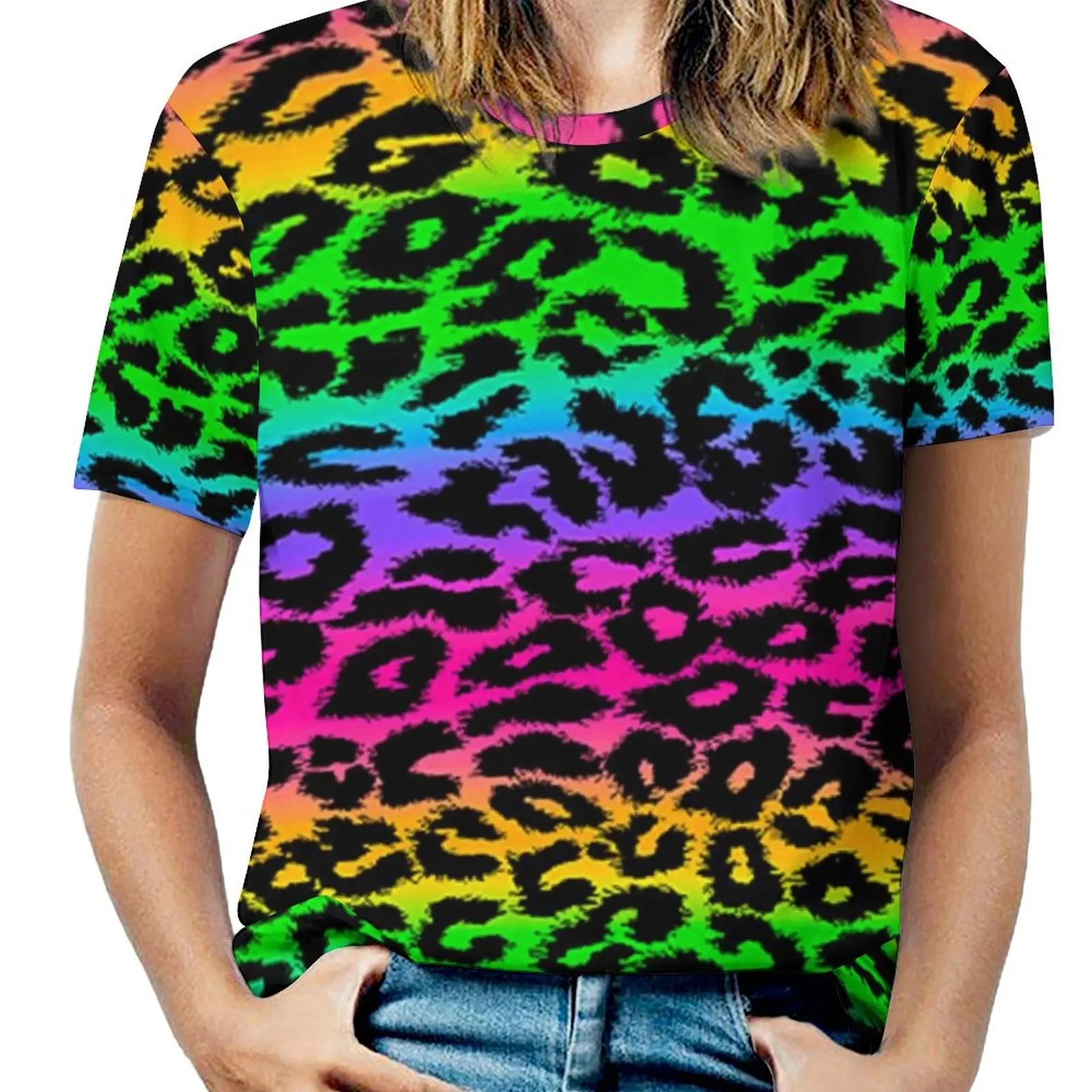 Leopard Rainbow T-Shirt O Neck Funny Aesthetic Print Oversized T Shirts Short Sleeve Simple Tshirt Women Beach Aesthetic Clothes