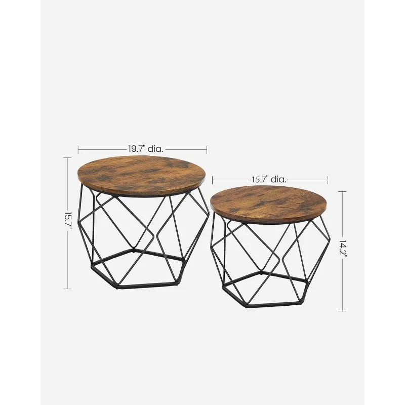 VASAGLE Small Coffee Table Set of 2,Bedroom, Office, Rusti  Round Coffee Table with Steel Frame, Side End Table for Living Room