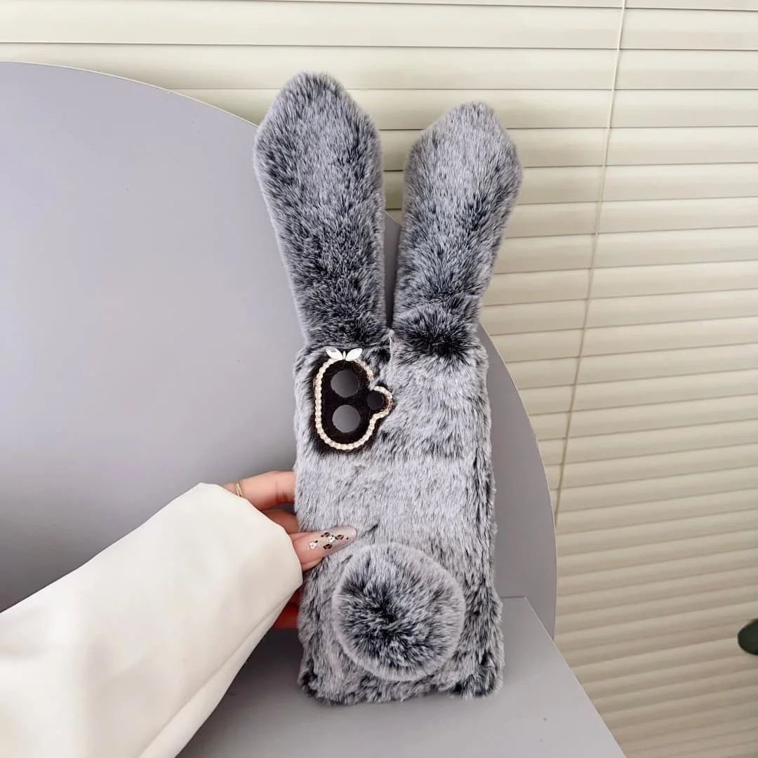 Capa de pele de coelho de pelúcia de desenho animado 3D para Samsung Galaxy S26 Plus Ultra Edge com suporte capa de cabelo peludo