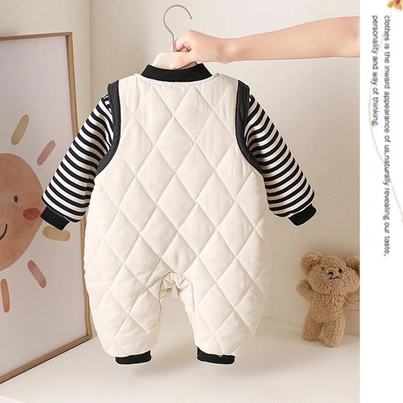Baby- und Kleinkinder-Herbst-/Winterkleidung, Neugeborenen-Set, verdicktes separates Set, gestreifter Sweatshirt für Jungen, super süßer, gesteppter Overall – Detail 8