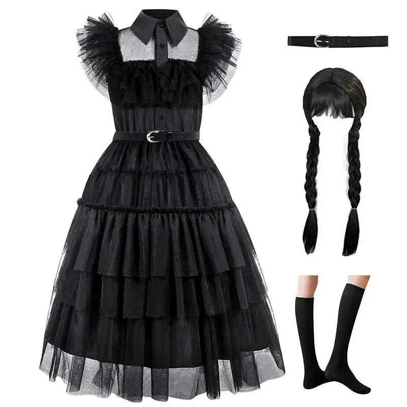 

2025 wednesday costume girls New Black Carnival Prom Evening Dress Wednesday Role Play Dress Girl's Lace Hollow Princess Dress