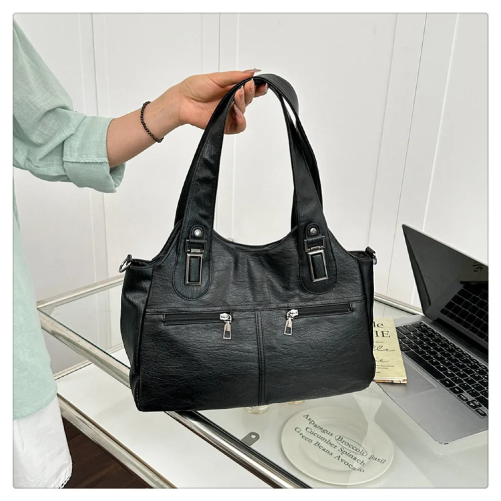 2026 Fashion Shoulder Bag Women Retro Large Tote Handbag Soft PU Leather Casual Simple Purse Daily Commuter Carryall