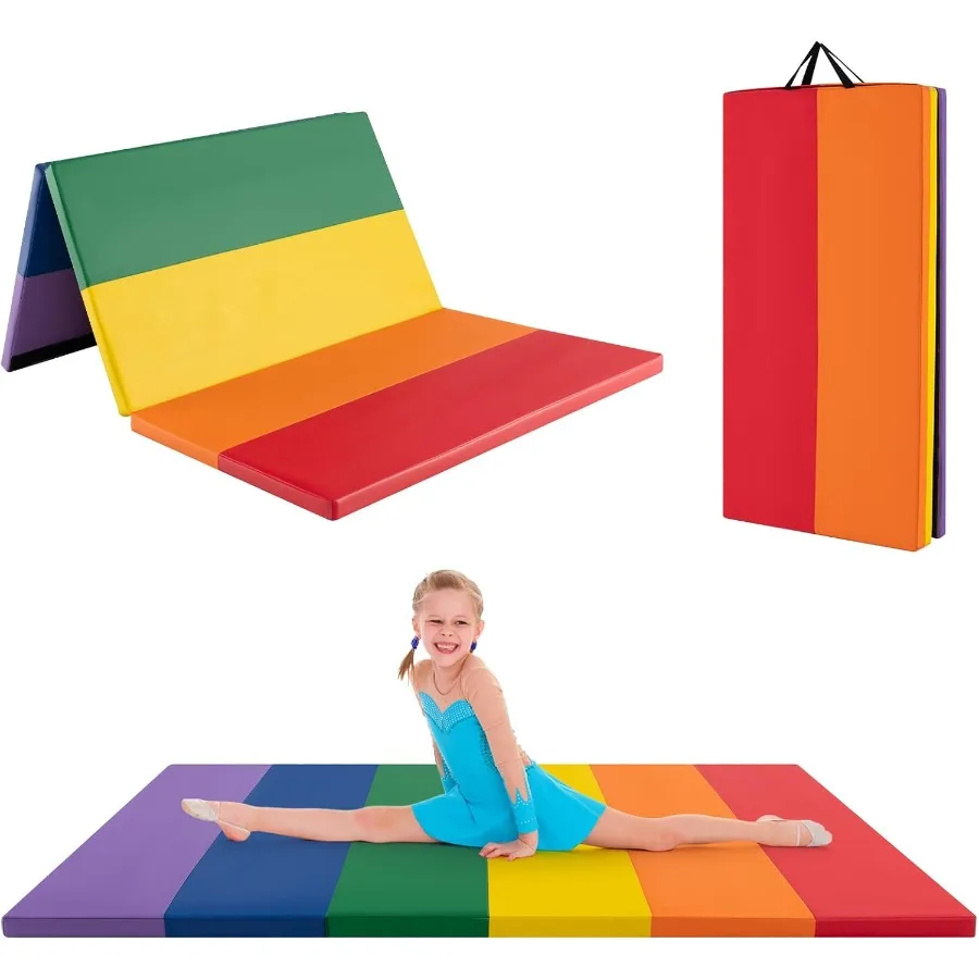 3-Panel Folding Gymnastics Mat with Hook & Loop Fasteners, Portable PU Leather Tumbling Mat for Home Gym, Yoga, Aerobics and Play