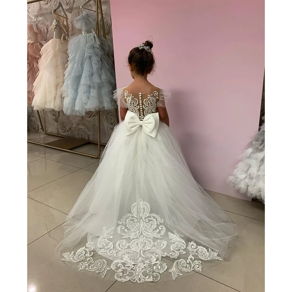SZHNYLW Puffy Flower Girl Dresses Tulle Lace Appliques Girls Dress for Wedding Bow Cute Baby Girl Dress Kid Dress