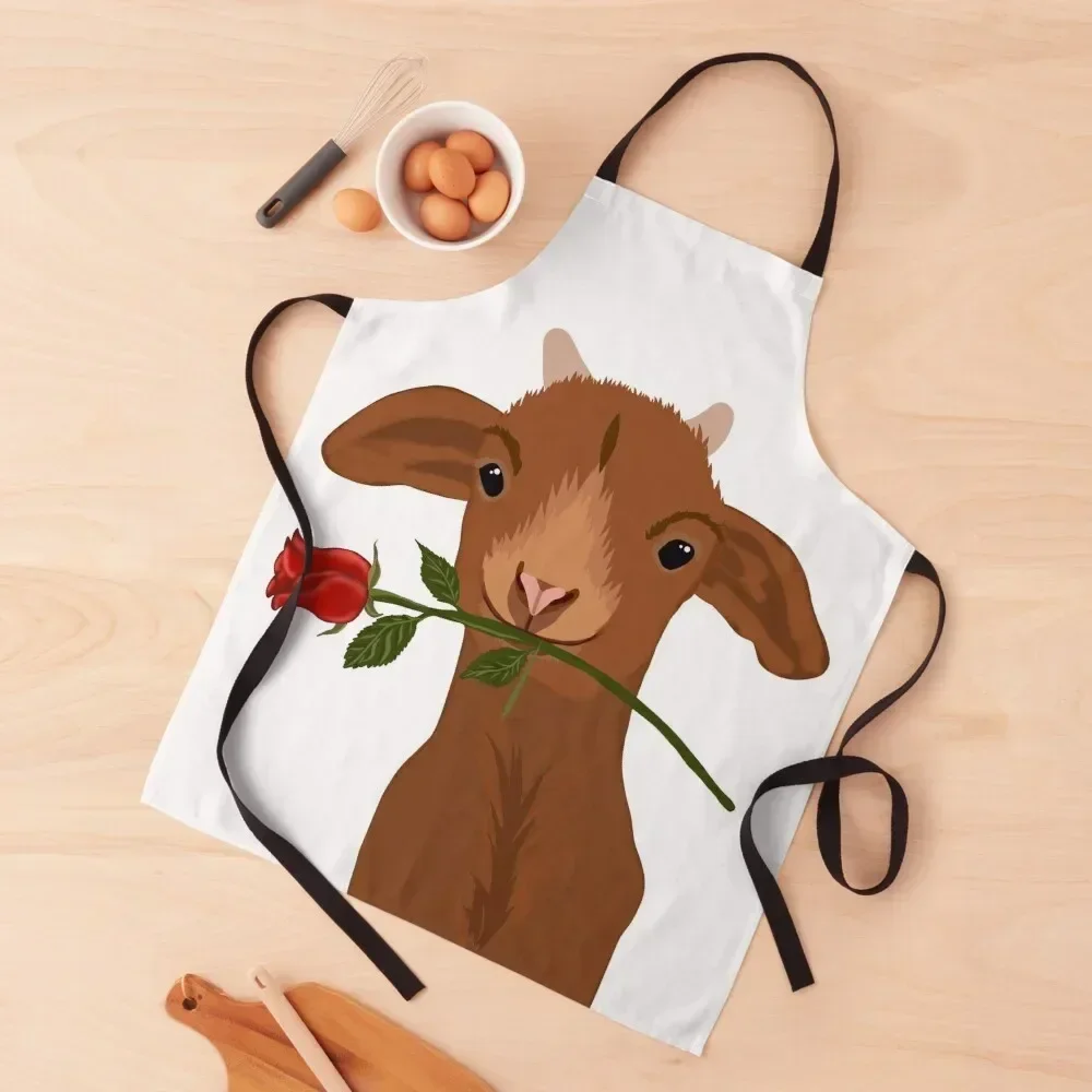 

Cute baby goat holding a rose Apron Kitchen For Women Cooking Apron