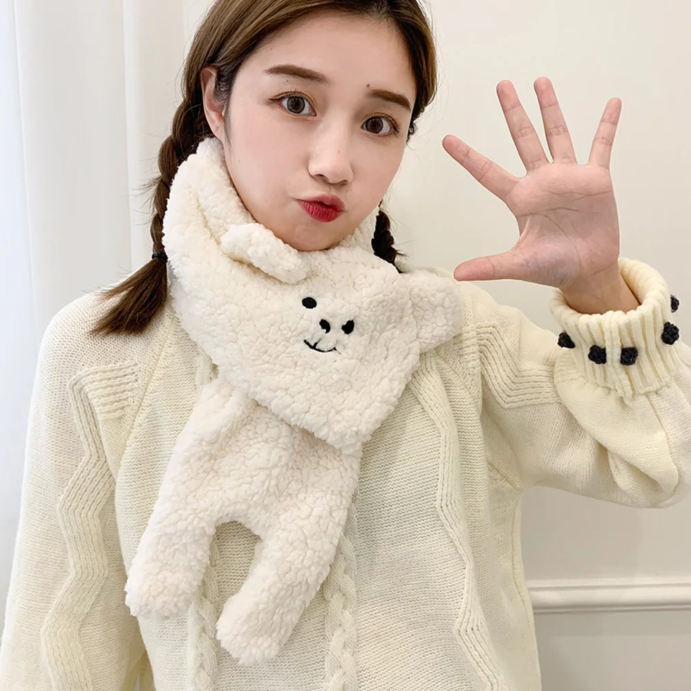 New Cashmere Ear Bear Scarf Winter Lamb Plush Warm Snood Cute Cartoon Korean Women Soild Color Scarves Girl Christmas Gifts