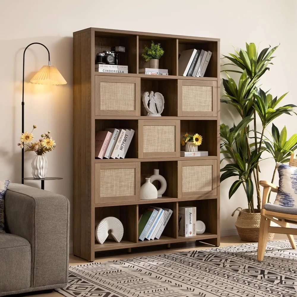 

SICOTAS Book Shelf 15 Cube Bookshelf Rattan Bookcase Boho Cube Storage Organizer Tall Large Bookshelves with Sliding Doors