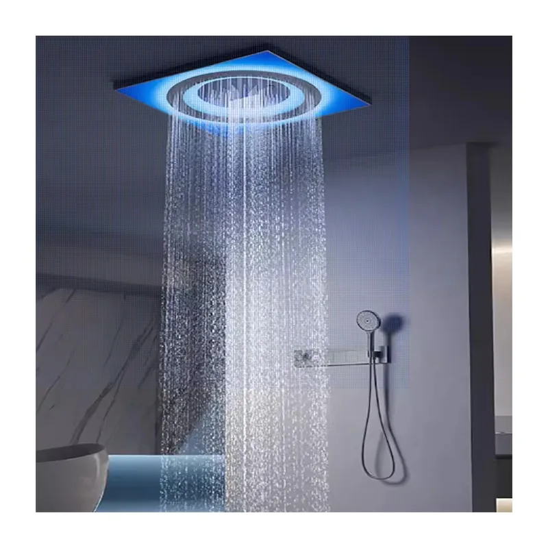 2026 Luxury Brushed Brass Bathroom LED Shower Faucet Set High Pressure Water Saving Rainfall System Modern Ceiling Mounted