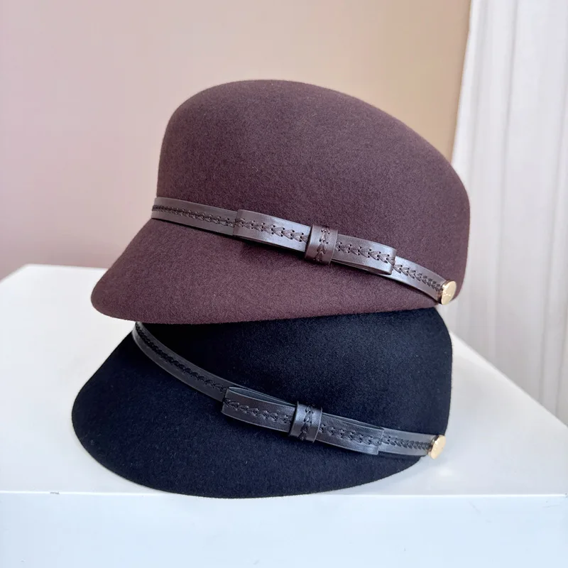 Simple fashion British Knight hat 100% Australian wool felt hat chic PU leather bow fashion hat