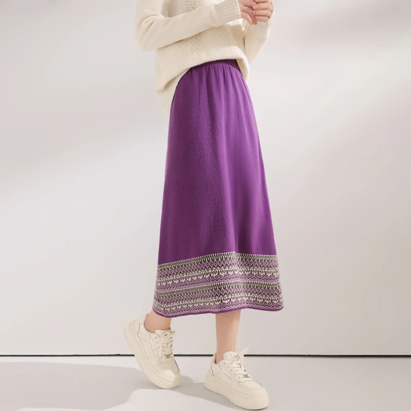

Ethnic style color blocking inlaid flower 100% pure wool half skirt casual versatile knitted A-line skirt high waist slimming