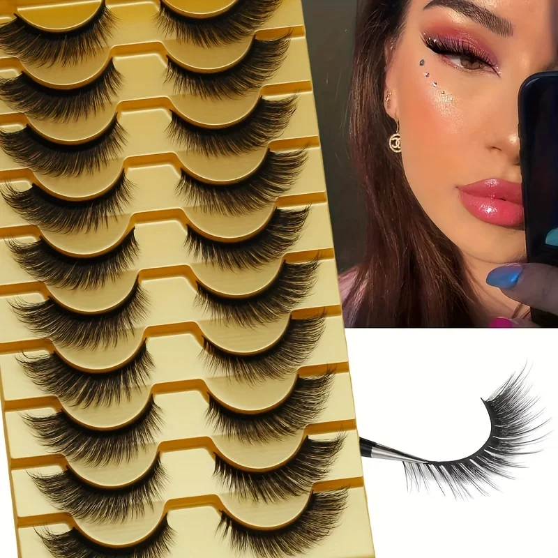 10 pairs of false eyelashes, natural L-shaped cat eye false eyelashes, fluffy eyelashes 3D extension 10 pairs of 16mm eyelashes