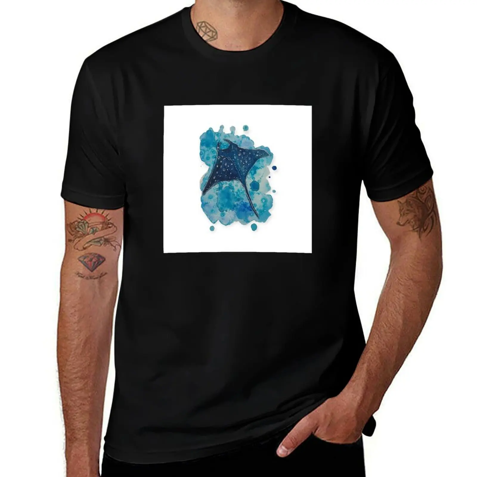 

Stripe on blue watercolor stain T-Shirt Personalized t-shirt funny shirt cotton plain t shirt for men