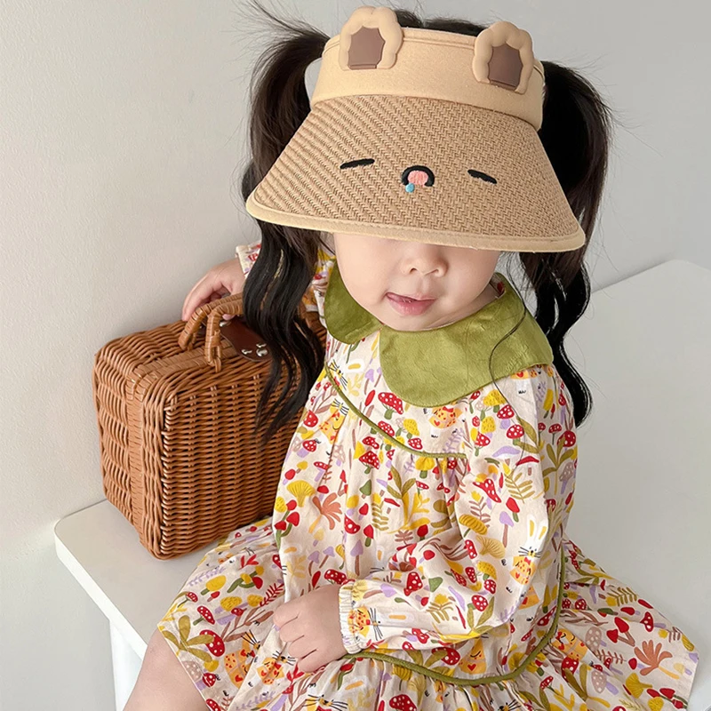 Summer Cute Bunny Baby Hat Large Brim Straw Folding Visor Adjustable Kids Sun Hat For Boys Girls Children Cap