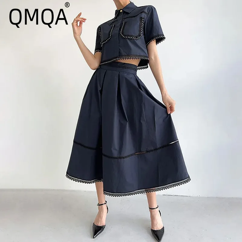 QMQA Fashion Women's Solid Two Piece Sets Lapel Short Sleeve Tops High Waist A Line Skirt Slimming Sets 2026 Female New QM1112