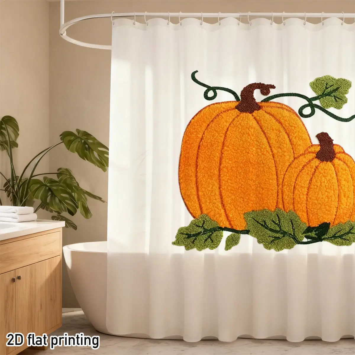 Pumpkin Shower Curtain – Orange Gourds with Green Vines, 2D Flat Print, Fade-Resistant Polyester, 12 Hooks, 70.8
