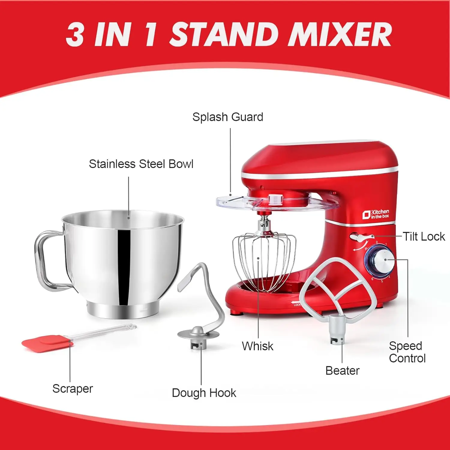 Suporte elétrico Food Mixer, Tilt-Head, Cozinha, 6 velocidades, Tilt-Head, Dough Hook, Wire Whip, batedor, máquina de lavar louça segura, 6.5QT, 660W