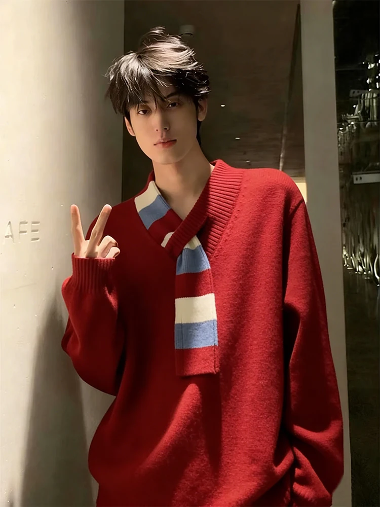 

Мужской свитер с V-образным вырезом и воротником-шарфом, дизайн «Красный год Зодиака», повседневный, мягкий, из полиэстера, с длинными рукавами, для осени