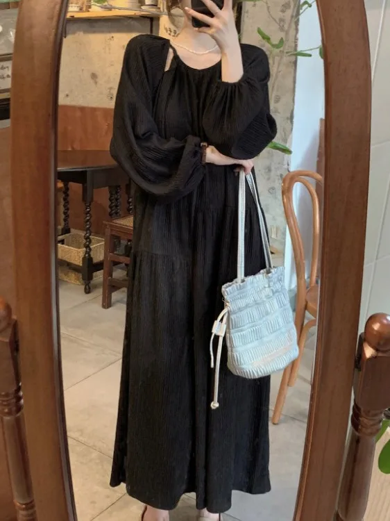 핑크 롱 루즈 여성 드레스 한국 스타일 세련된 비대칭 디자인 라운드 넥 주름 질감 A라인 스커트 출퇴근복