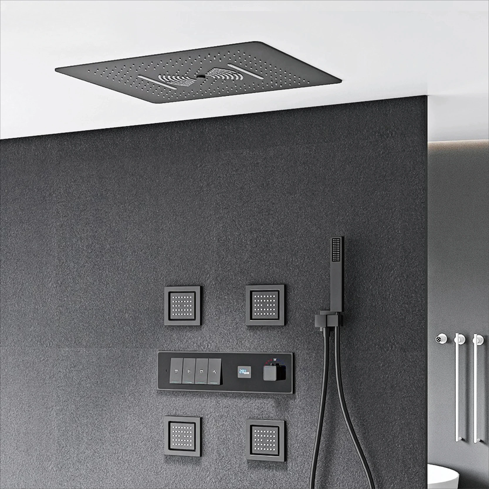 

Пистолет, серая латунь, роскошный светодиодный цифровой дисплей, душевая система с постоянной температурой, встроенный потолочный смеситель для ванной комнаты с горячей и холодной водой