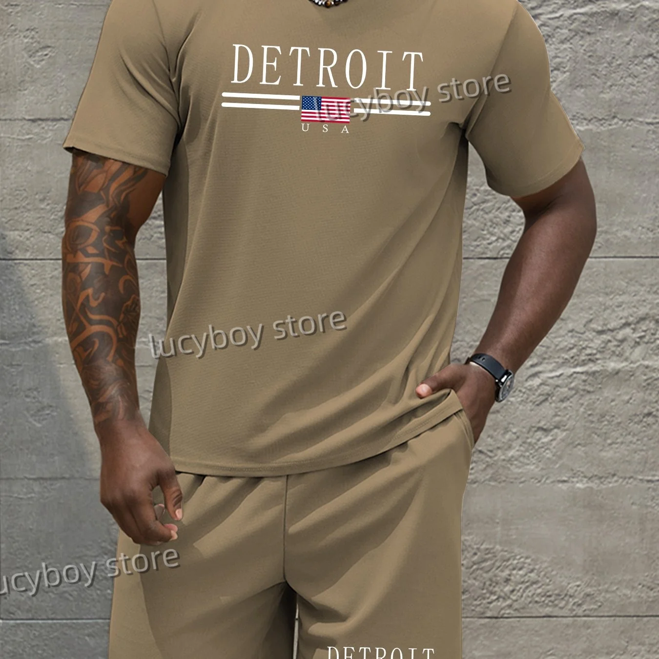 DETROIT Letter Printed Sport T-shirt+shorts Suit Set Men Male Casual Tracksuit Outfit Summer Oversized 2 Piece Set Men Clothes