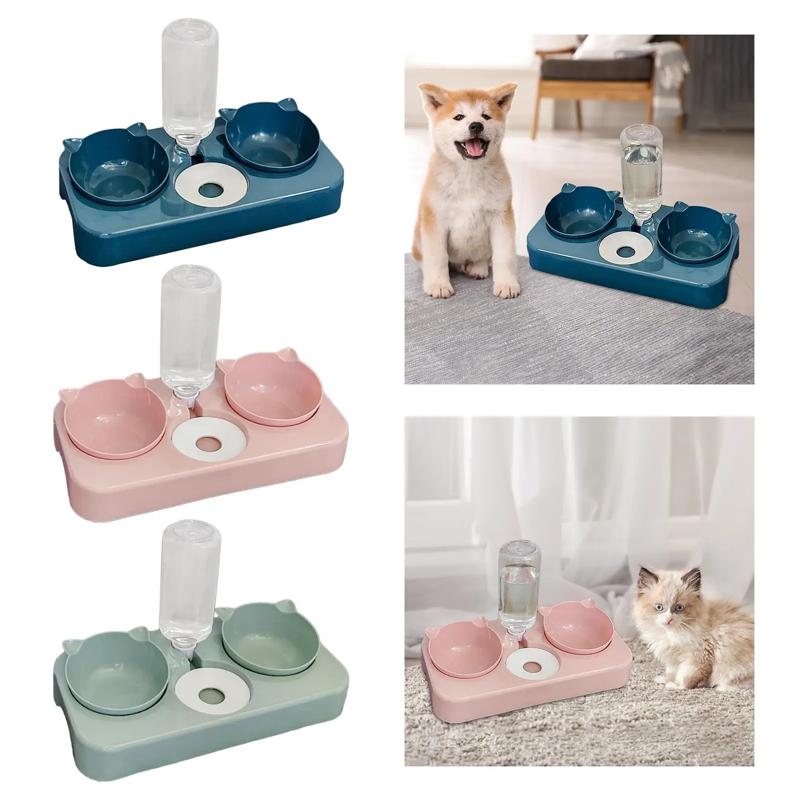 Cat Food and Water Bowls Set with Automatic Water Dispenser Bottle 15°tilted Raised Cat Bowls for Cats Puppy Kitten Rabbit