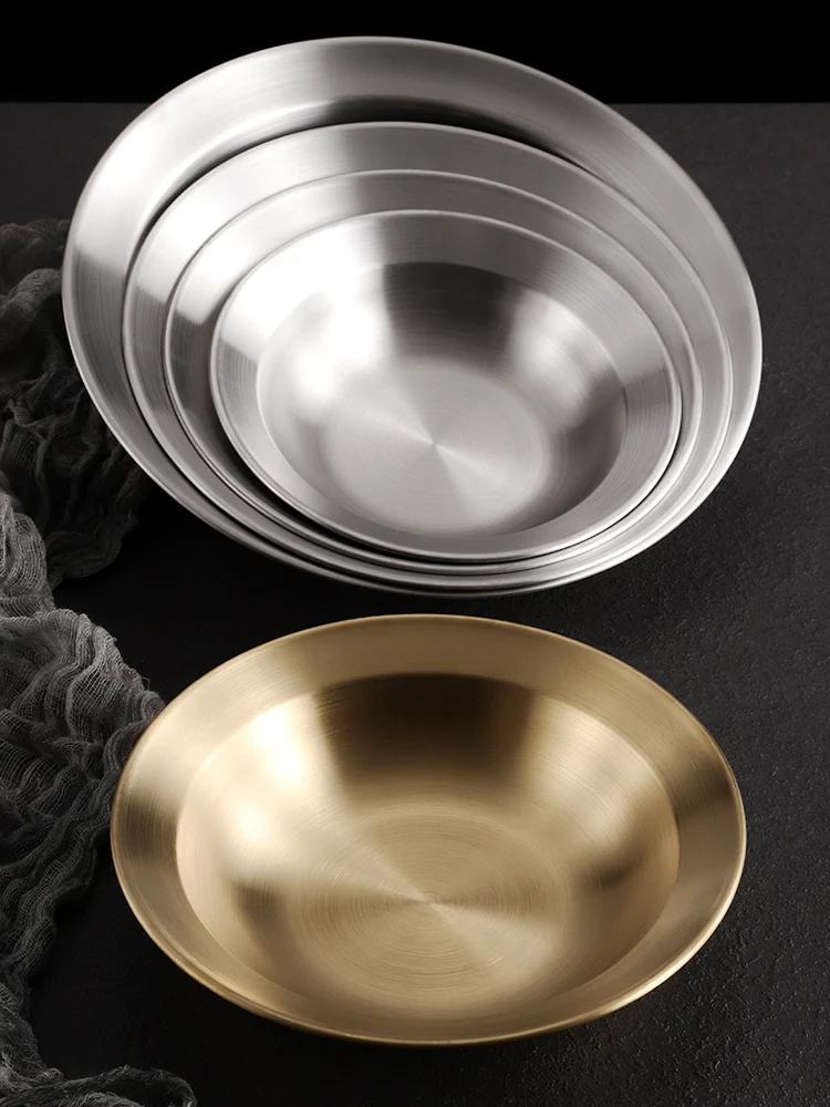 Metal dining plate Korean style stainless steel hat shaped dish plate Household wide edge salad plate Thickened pasta plate