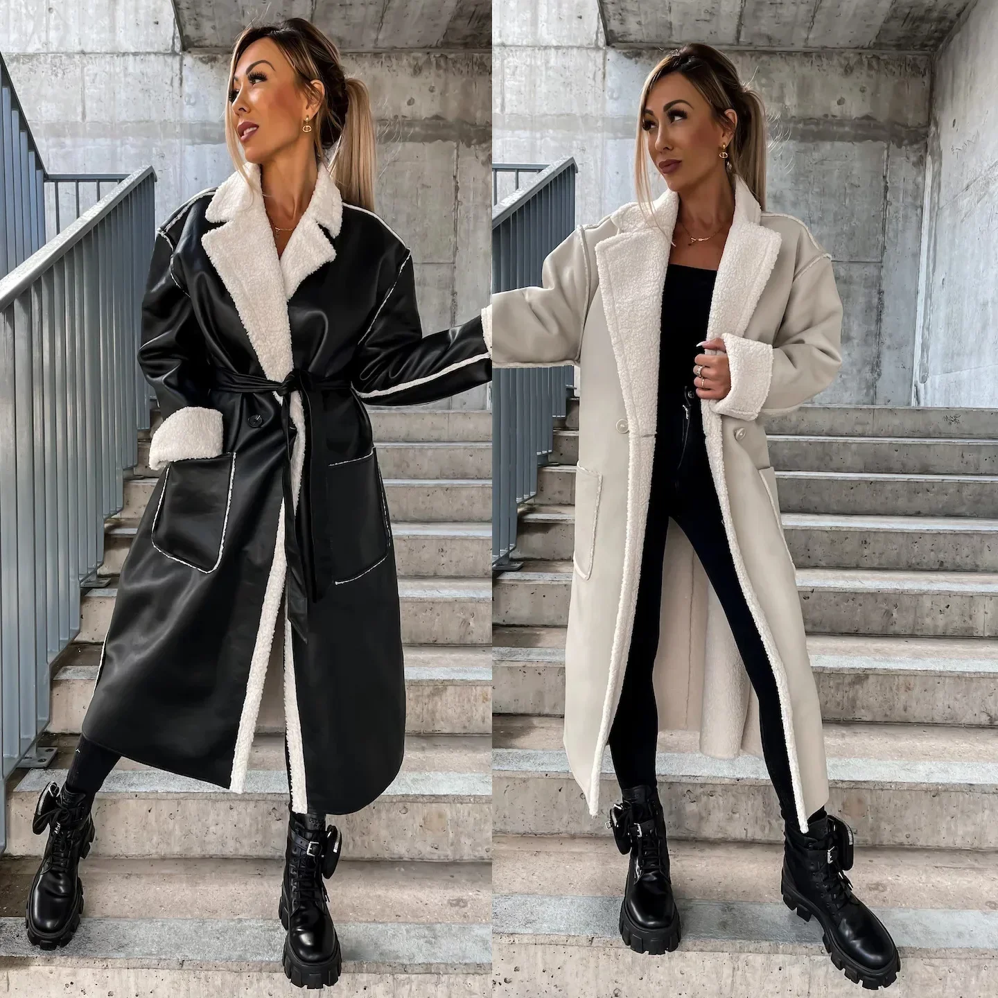 Autumn/Winter New Casual Leather Thickened Windbreaker with Pockets Long Windbreaker with Belt Loose Fashion Coat for Women