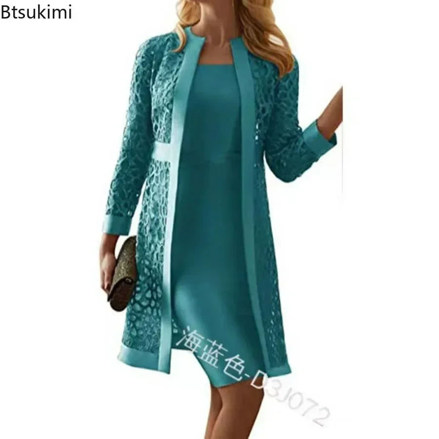 2025 Women's Dress Suit Sets Elegant Two Piece Set Outfits Solid Lace Cardigan Long Sleeve Office Party Knee-length Dress Set