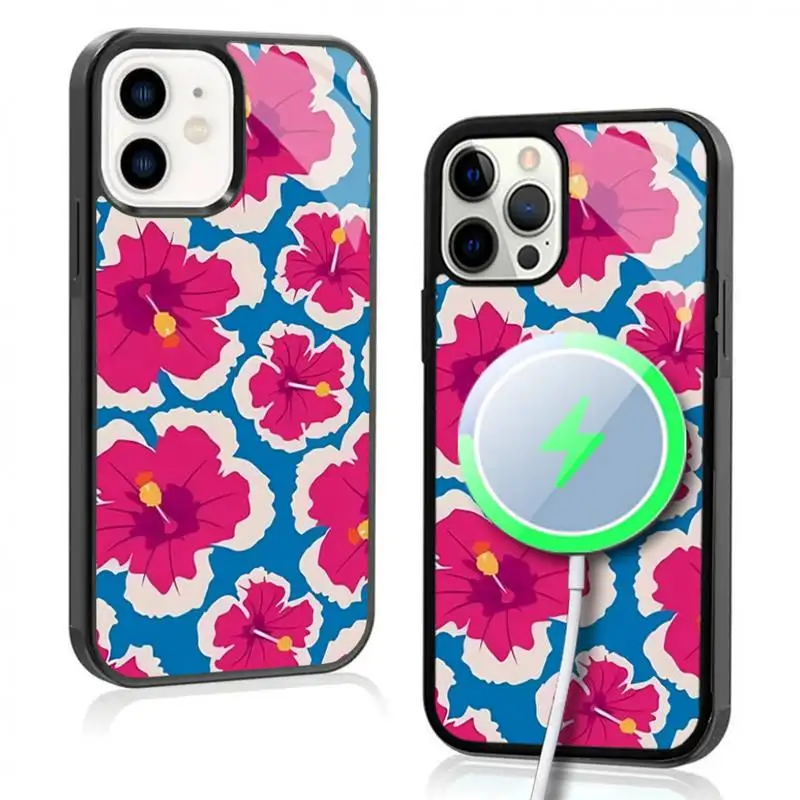 Pink And Blue Hawaiian Phone Case For IPhone 11 12 13 14 15 Plus Pro Max Mirror Acrylic Cover For Magsafe Wireless Charging