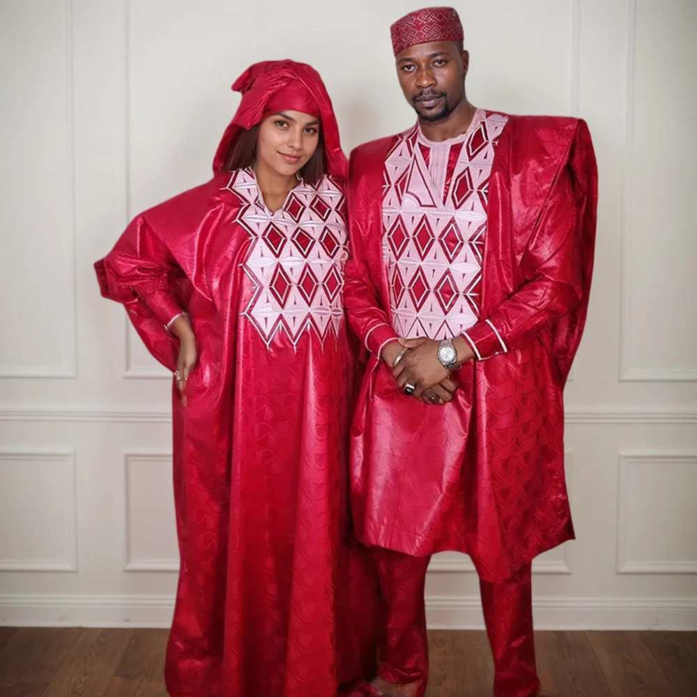 

H&D African Traditional Wear Formal Attire Bazin Riche Dashiki Outfits Red Shirt Pants For Men Robe Suit Lovers' clothes Ramadan