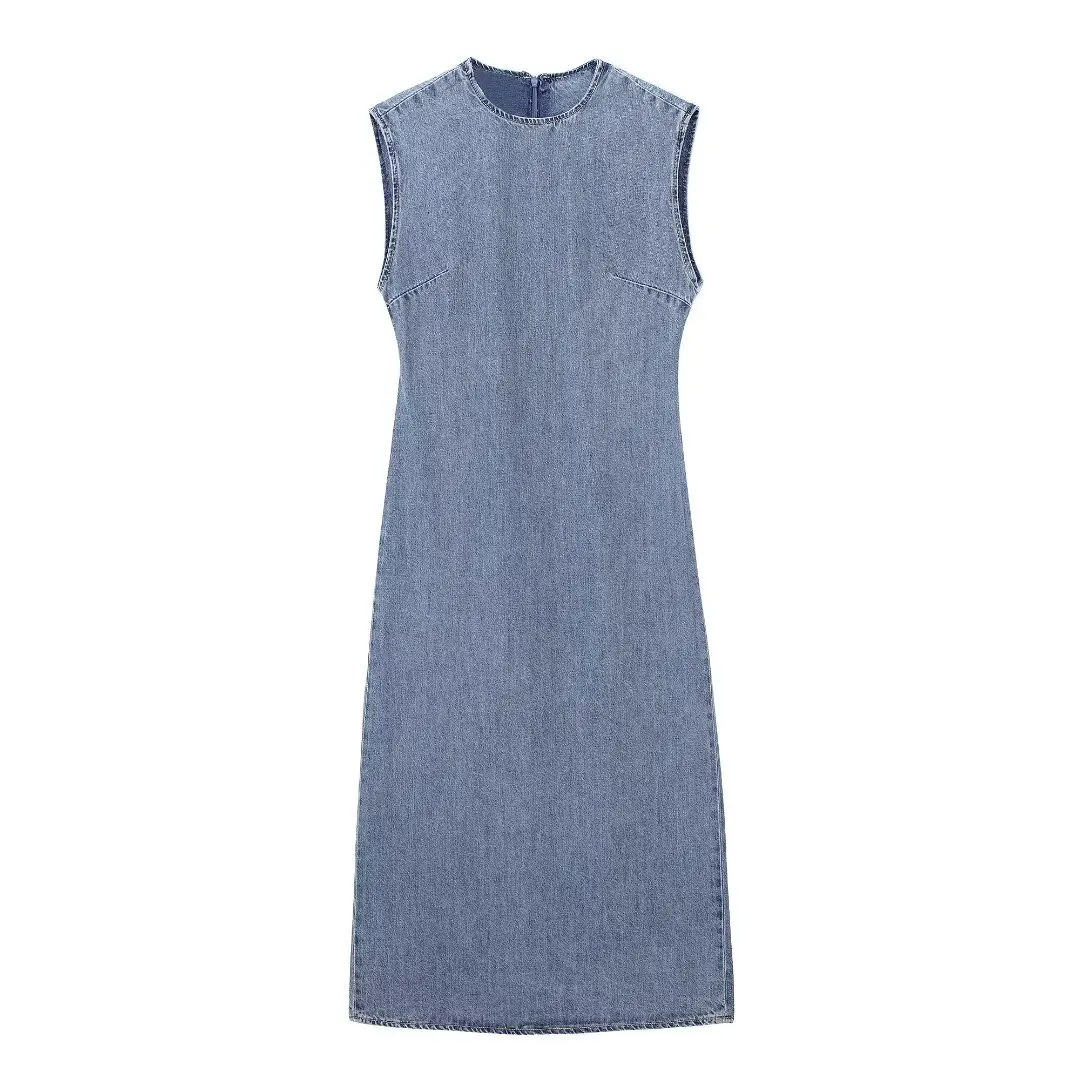 

TRAFZA 2024 Women Summer New Chic Solid Sleeveless O Neck Long Dress Woman Casual Loose Slim Zipper Split Decoration Denim Skirt