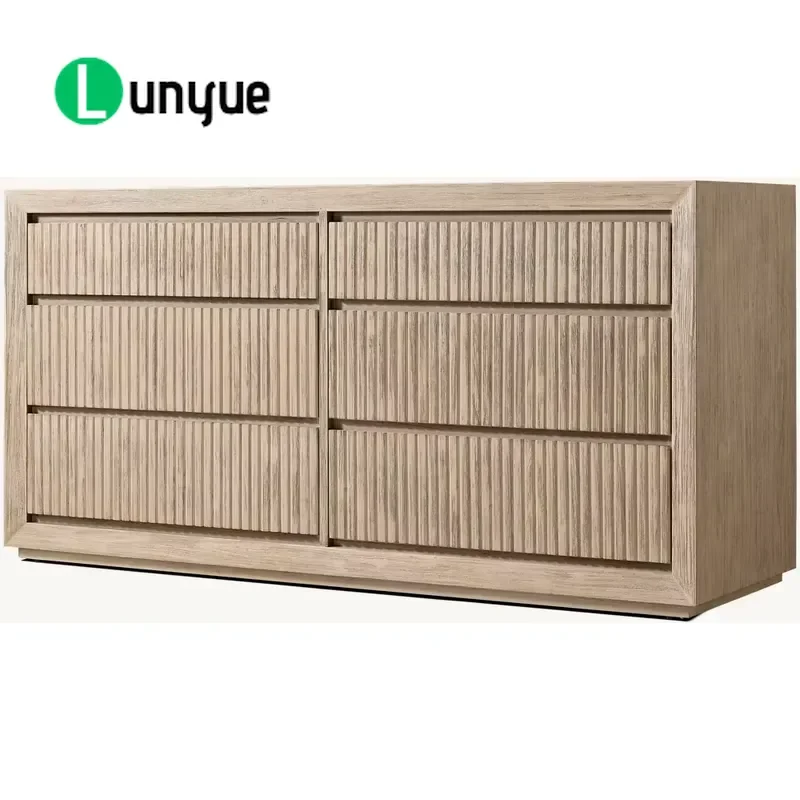 Solid Oak 6 Drawer Dresser Traditional Grooved Natural Color Washed Paint Finish Bedroom Living Room Storage Furniture Home