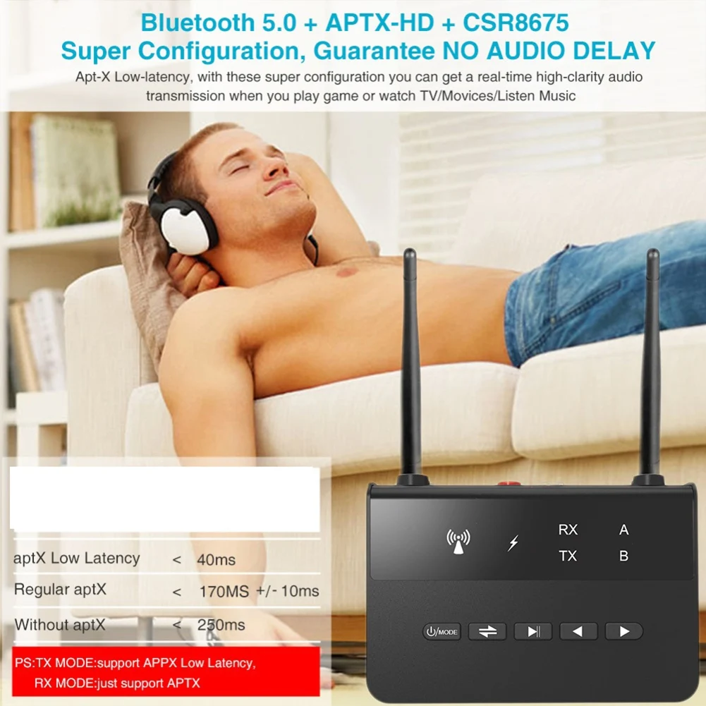 

A23G 80M Bluetooth 5.0 Transmitter Receiver Aptx HD Low Latency Wireless Audio Adapter 3.5mm AUX RCA Jack for PC TV