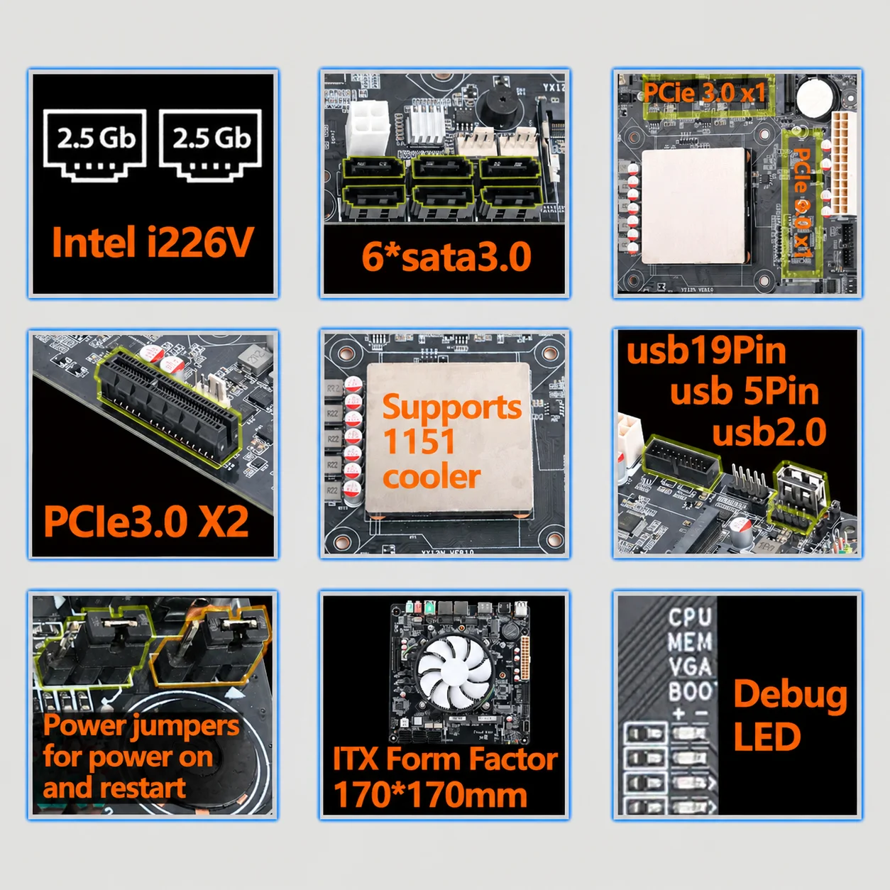 Intel N150 Mini ITX Motherboard NAS DDR4 SO-DIMM 32GB 6xSATA3 Dual 2.5G LAN Intel I226-V 2xM.2 NVMe PCIe 3.0 x2 170x170mm