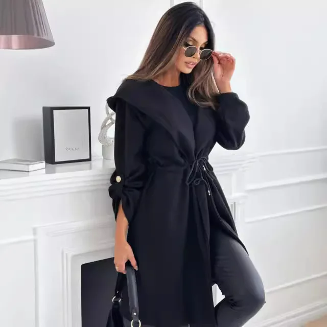 

Женский длинный плащ, осень-зима, европейско-американская мода, однотонная шерстяная верхняя одежда с лацканами и завязками на талии