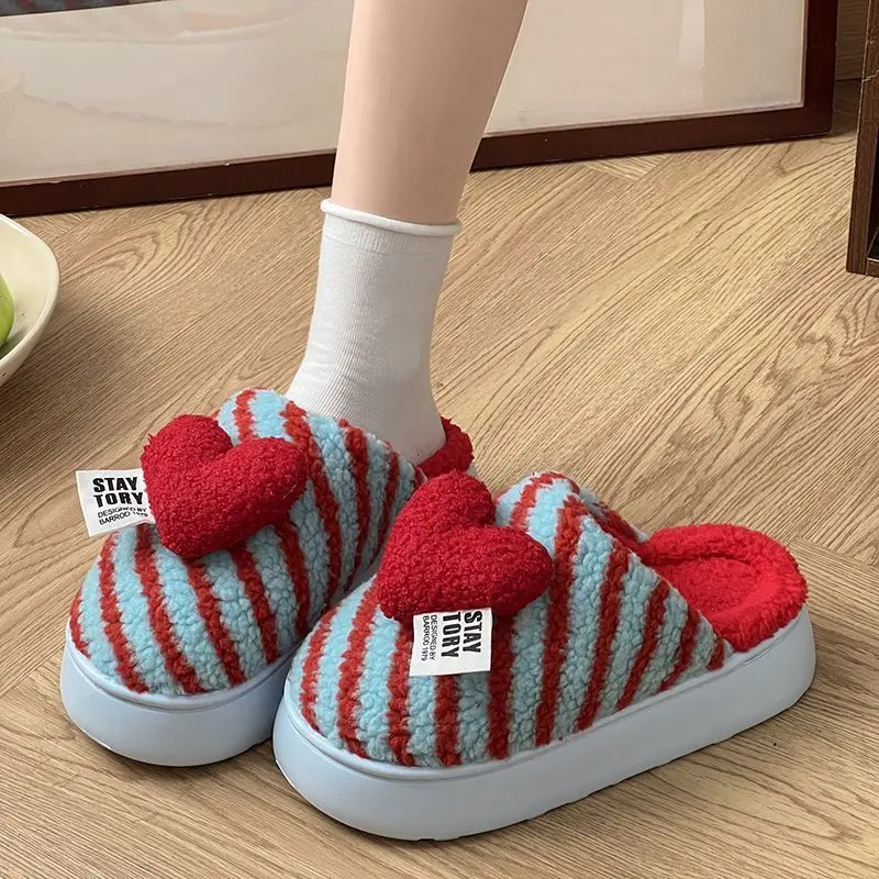 

Autumn and Winter Plush Slippers Woman Stripes Soft EVA Lightweight Living Room Slippers Keep Warm Fluffy House Shoes for Women