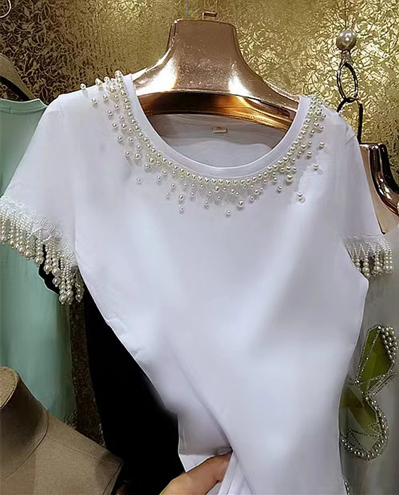 Pearls Beaded Embroidery Cotton T Shirt For Women 2024 Summer New In Short Sleeve Tops Tess White Tshirts Woman Clothing