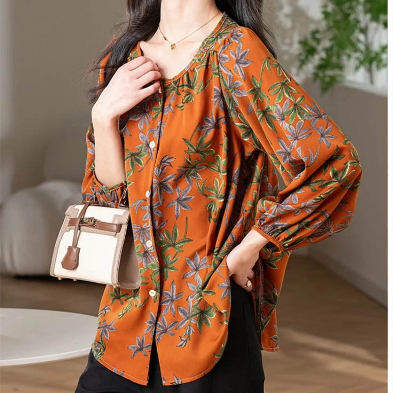 بلوزة كاجوال فضفاضة بأكمام طويلة وطبعة أوراق شجر للسيدات أثناء السفر والعطلات، قميص برتقالي، ملابس علوية #4