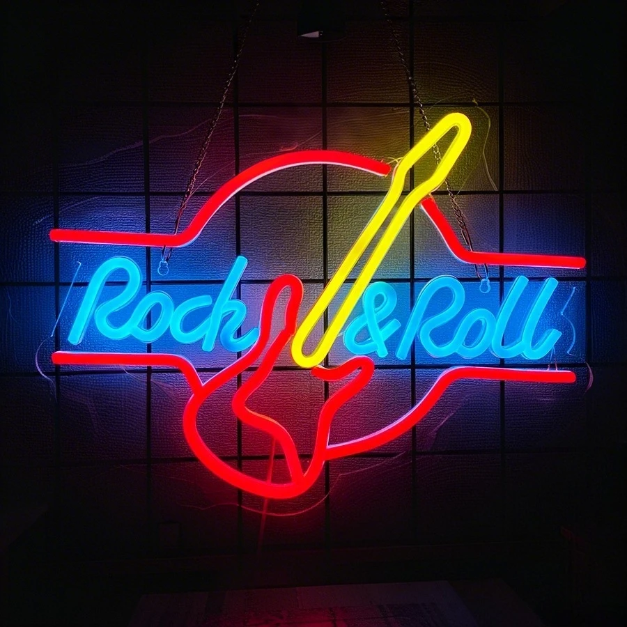 

Rock Roll Music Neon Sign LED Guitar Design USB Powered – Great for Music Studio, Live Shows, Recording Studio,Music Shop Decor