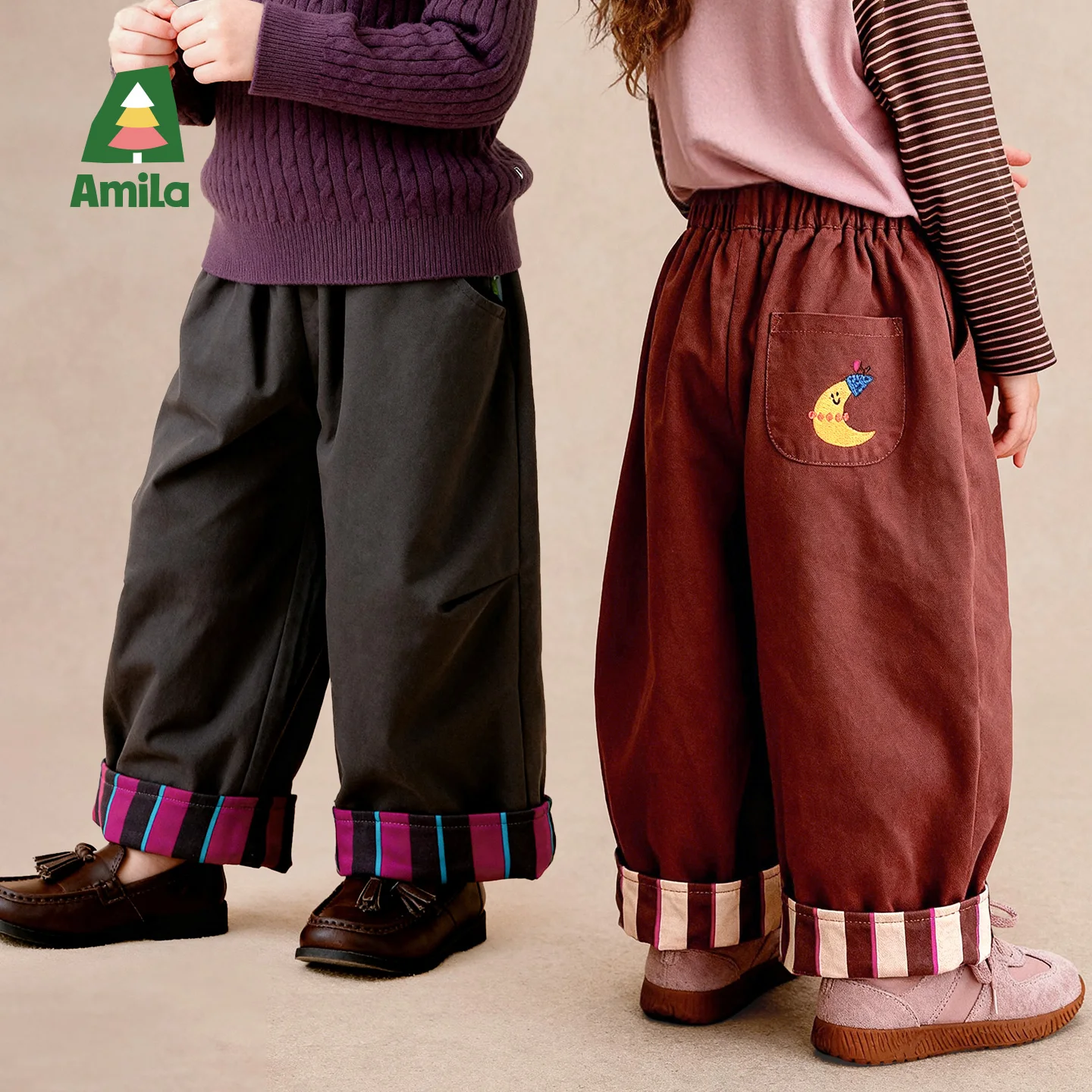 Amila 2026 Autumn New Kids Casual Pants Embroidery Matisse Color Matching Cuffed Design Fashion Straight Long Pants