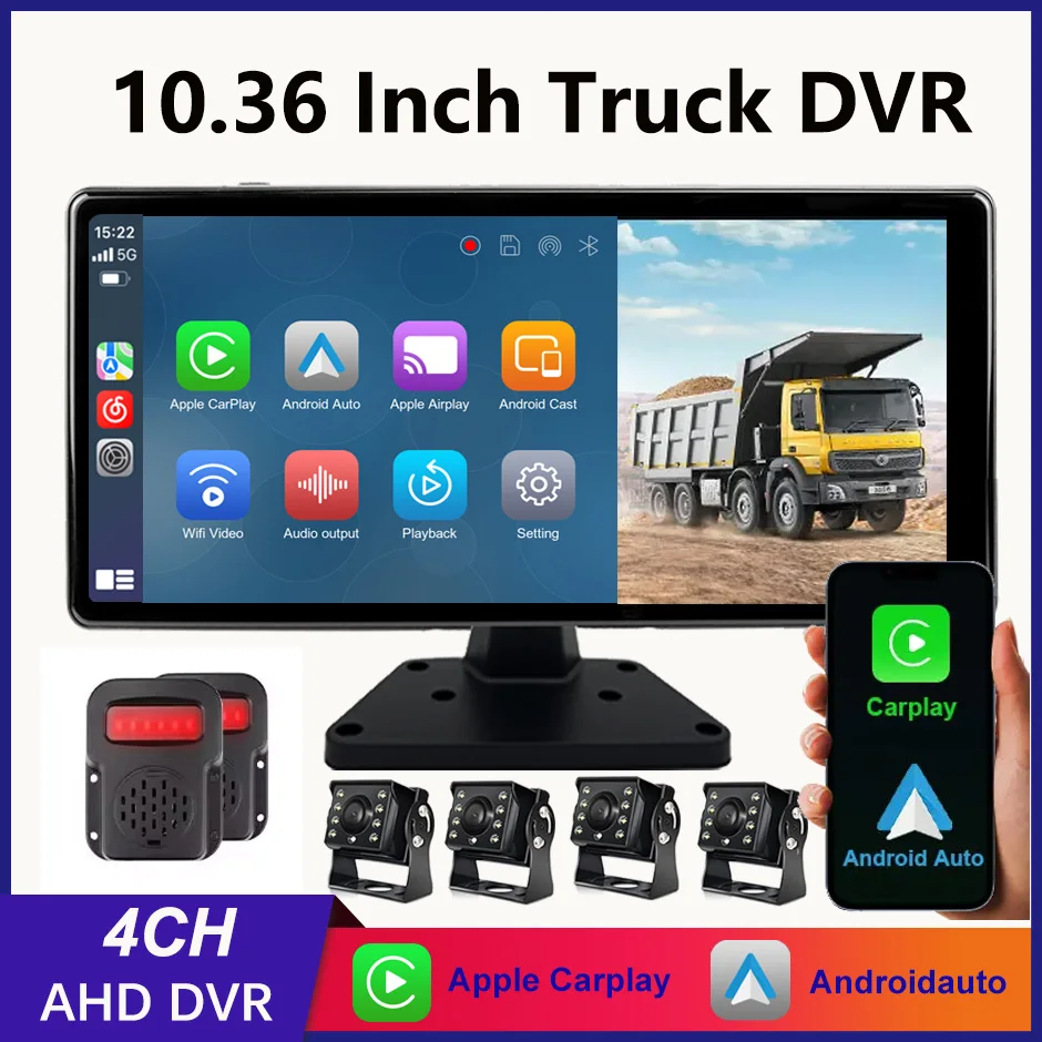 

10.36" Radar Alarm Touch Screen WiFi Wireless Apple Carplay Android-Auto GPS Monitor DVR Recording 1080 Cam for Truck/Bus/RVs