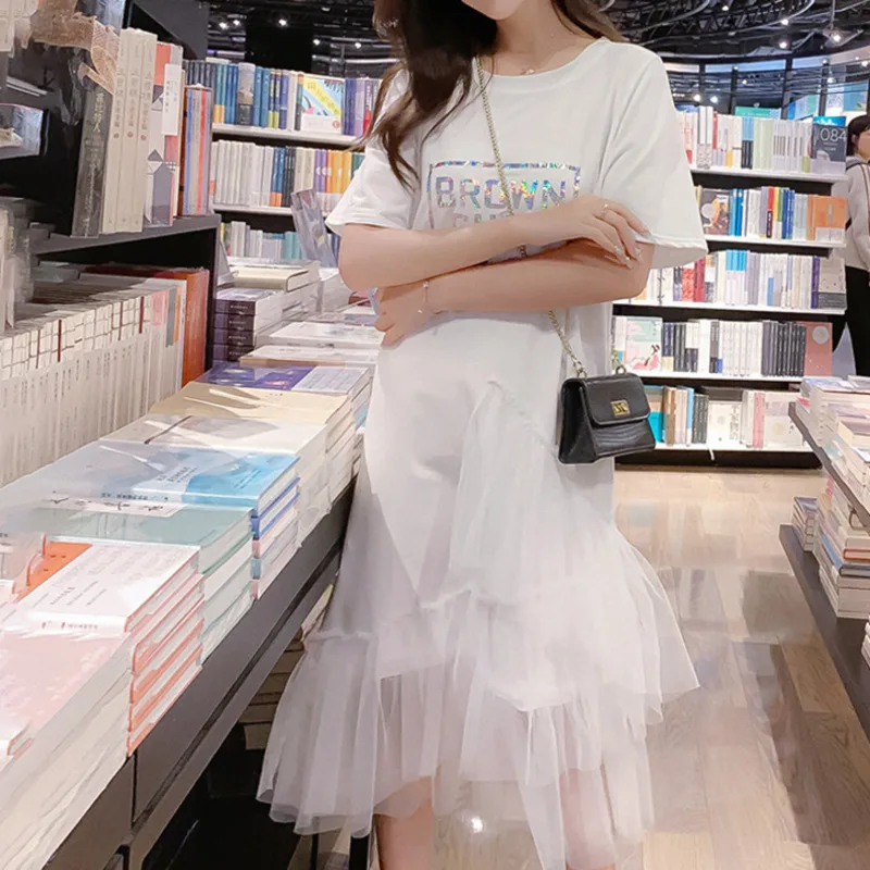 Reflective Letter Print Irregular Shirt Dress Women Layer Ruffles Mesh Long Dresses Summer Loose Casual High Street Sundress 3XL