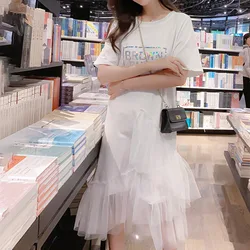 Reflective Letter Print Irregular Shirt Dress Women Layer Ruffles Mesh Long Dresses Summer Loose Casual High Street Sundress 3XL