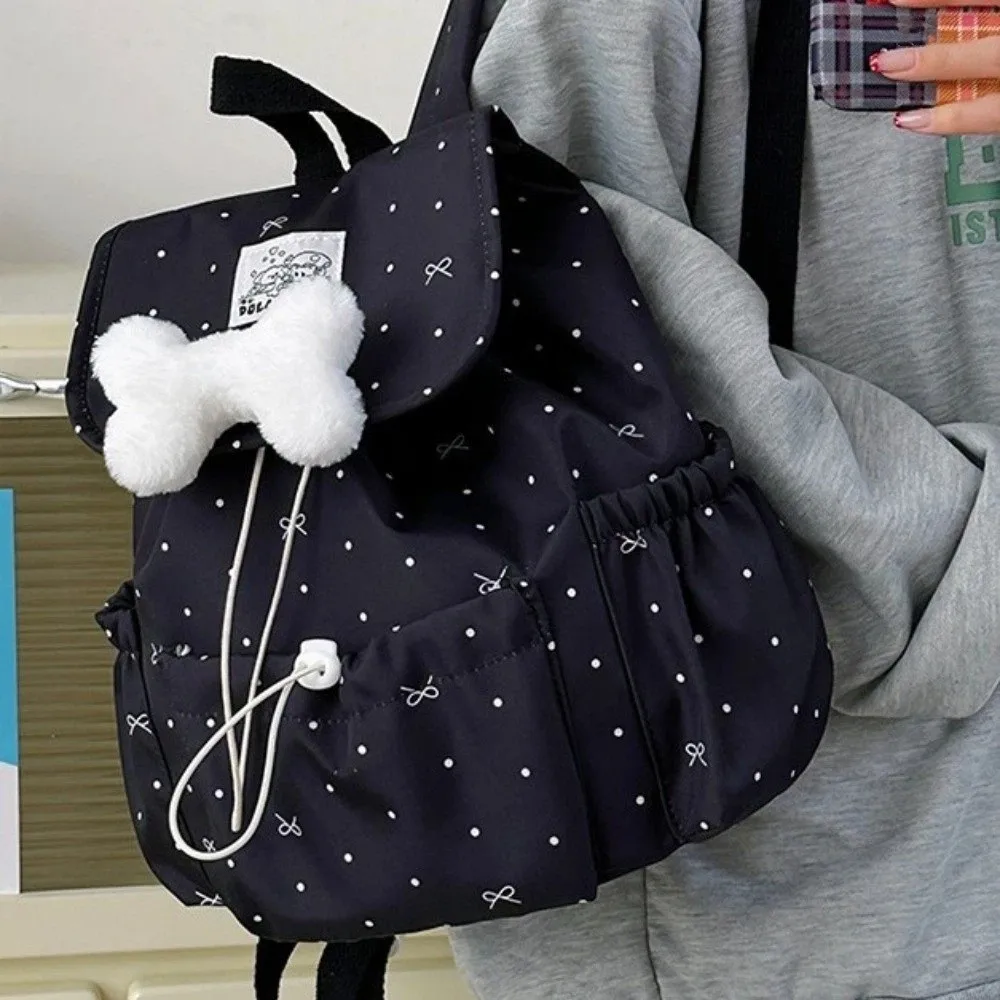 Sweet Drawstring Polka Dot Backpack Bowknot Ultra Light Double Shoulder Bag Large Capacity Nylon Commuting Backpack